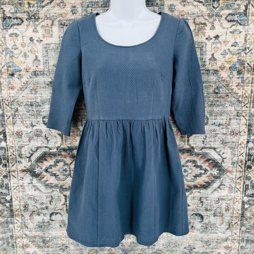 ASOS Mini Dress Size 6 Half Sleeve Blue Waffle Texture Bow Detail